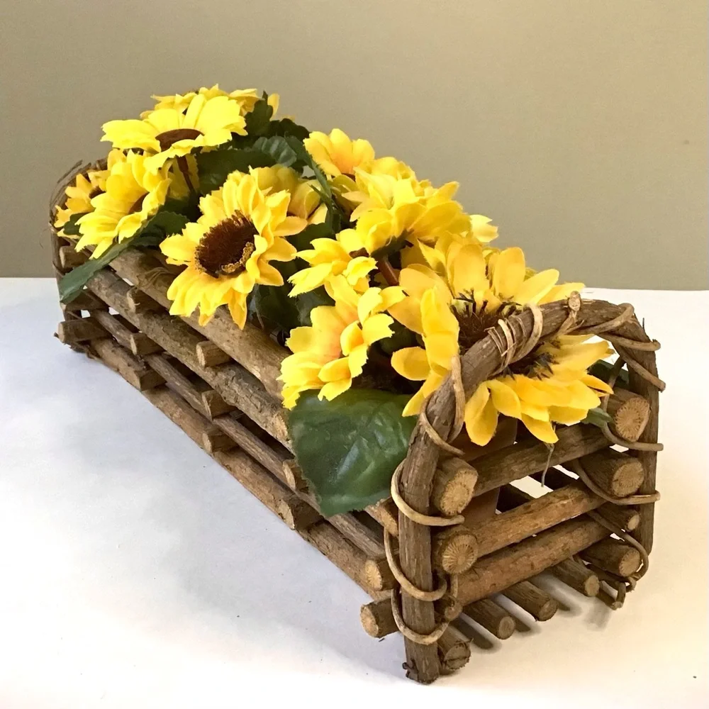 Twig Stick Basket & Mini Terracotta Pots Artificial Flowers Primitive Rustic